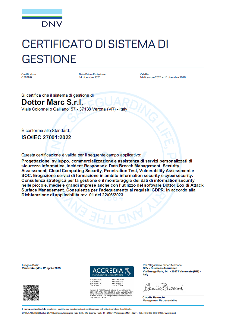 Certificato ISO/IEC 27001:2022 di Dottor Marc S.r.l. rilasciato da DNV